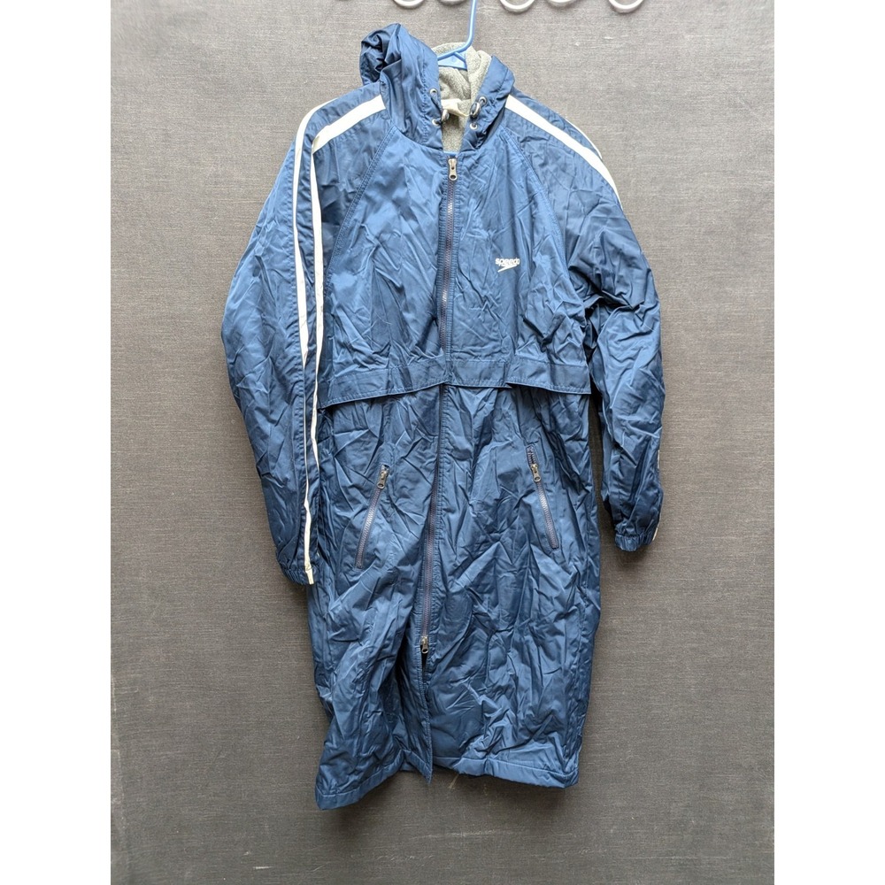 Speedo Swim Parka Coat Hooded Fleece Lined Navy/White Pool Coat Vintage Size S